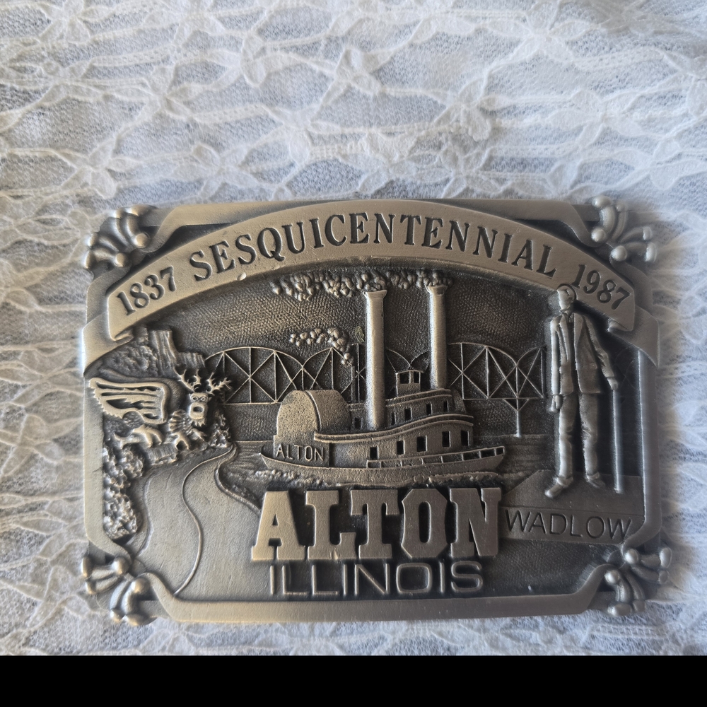 Vintage Solid Pewer Alton Sesquicentennial Belt Buckle
